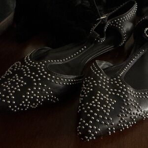 Ladies black leather studded flat pointy shoes size 39